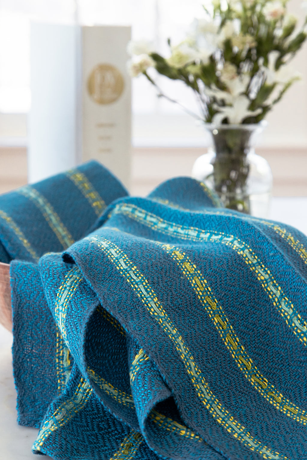 Linen Towels in Turquoise & Silvery Charcoal with Yellow Highlights