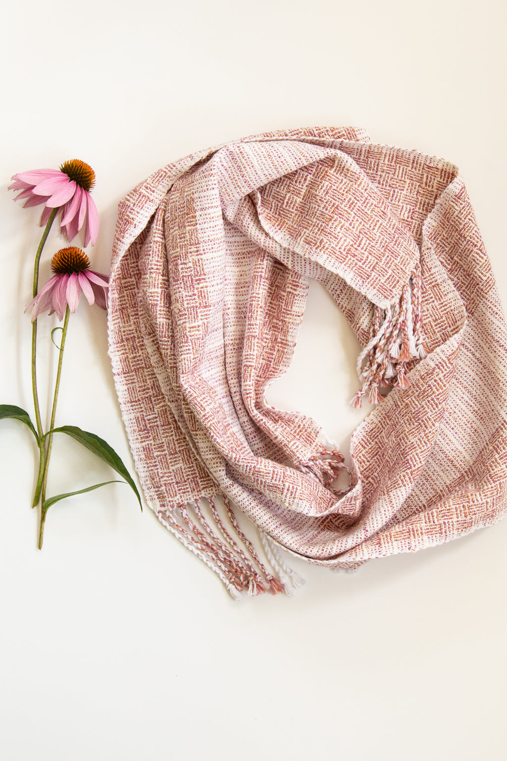 Subtle Log Cabin Designed Cotton & Boucle Scarf