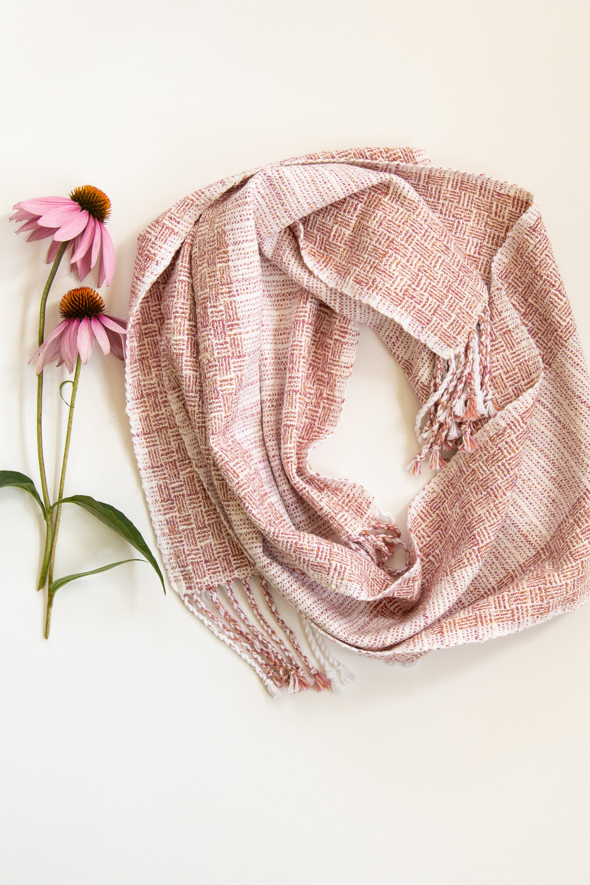 Subtle Log Cabin Designed Cotton & Boucle Scarf