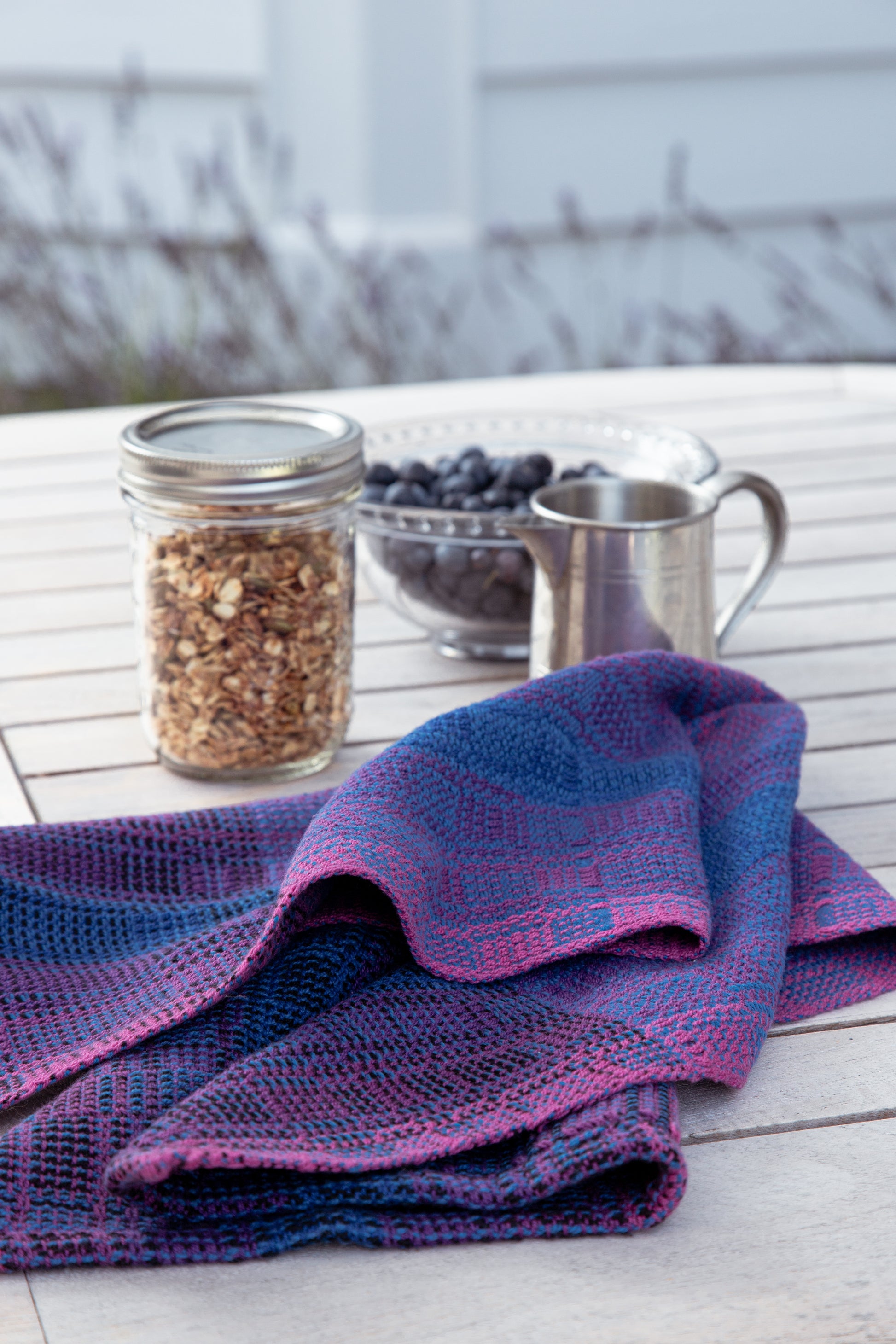 Cotton Towel in Shades of Blue & Highlights of Hot Rose Pink