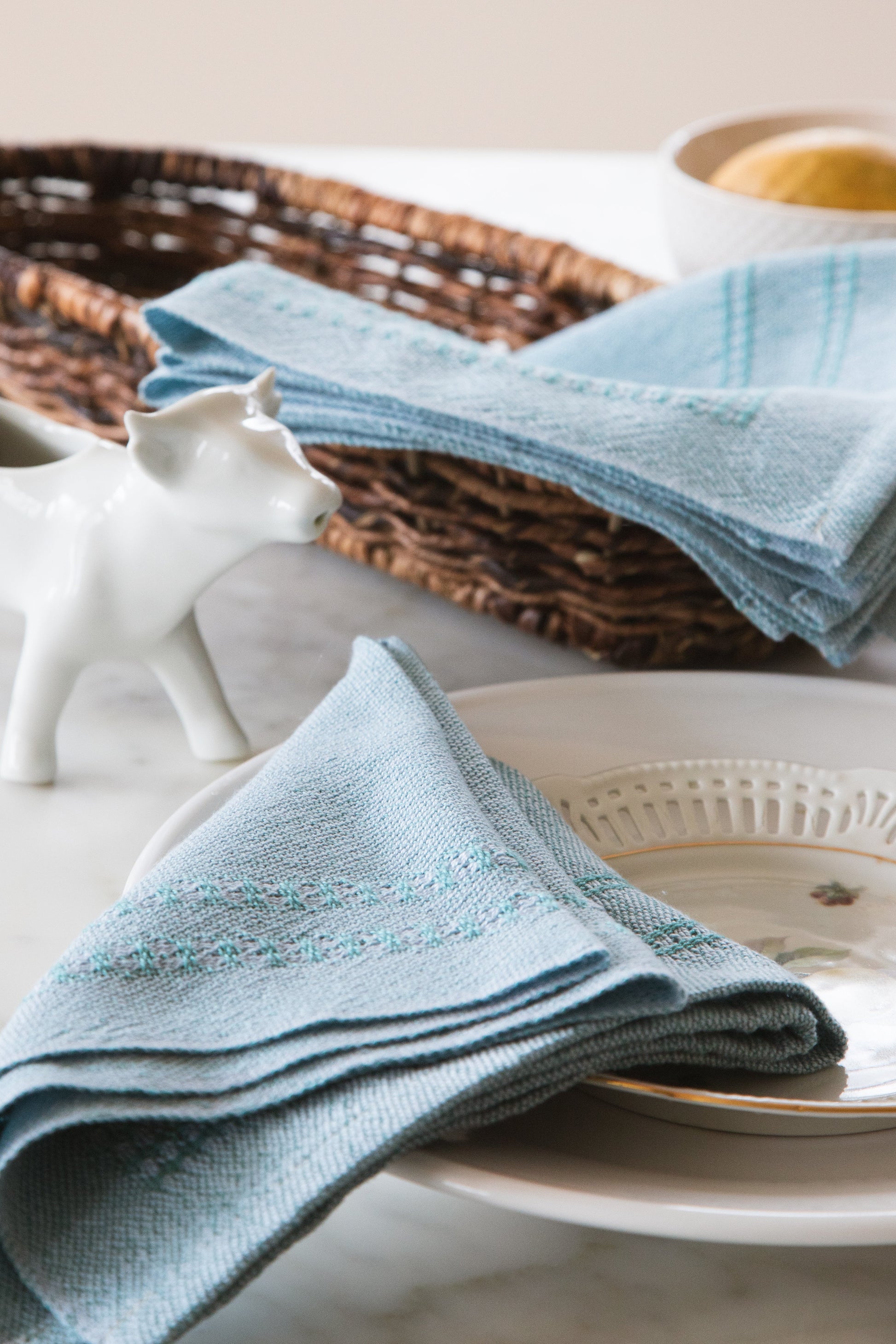 Set of (4) Pale Teal & White Napkins with Bronson Lace