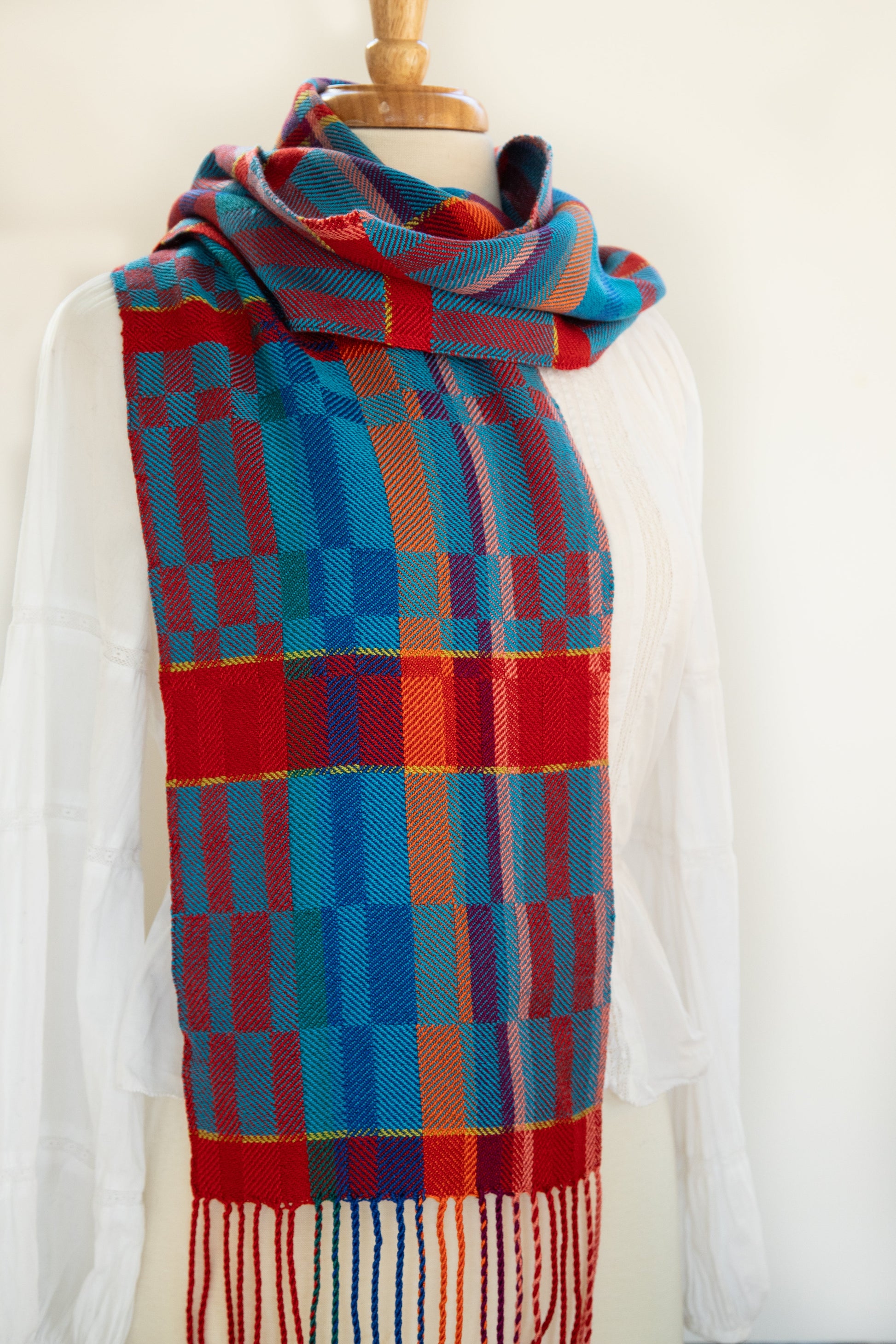 Soft Turned Twill Scarf in Red & Shades of Blue