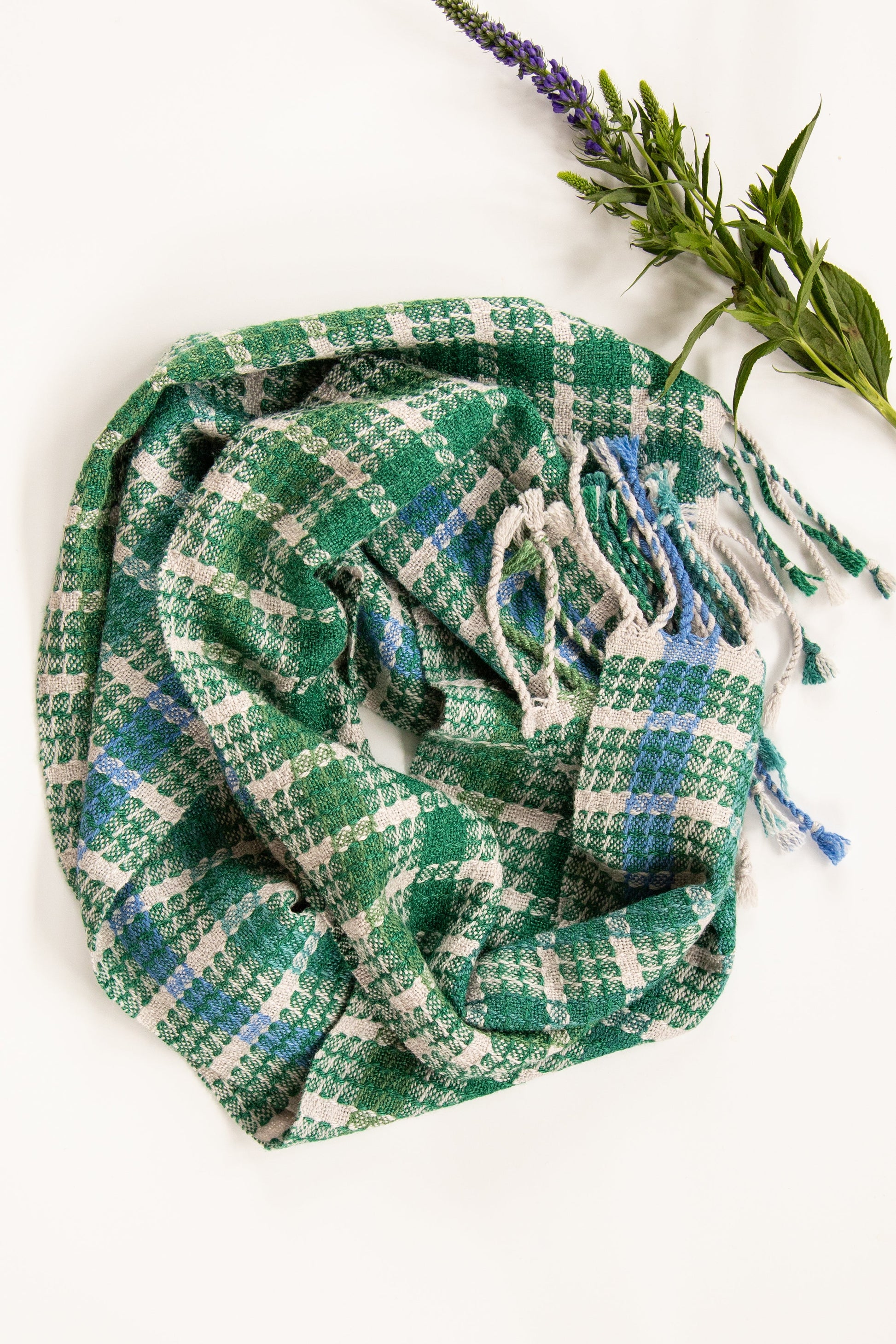 Soft Wool Scarf in Shades of Green with Blue Highlights