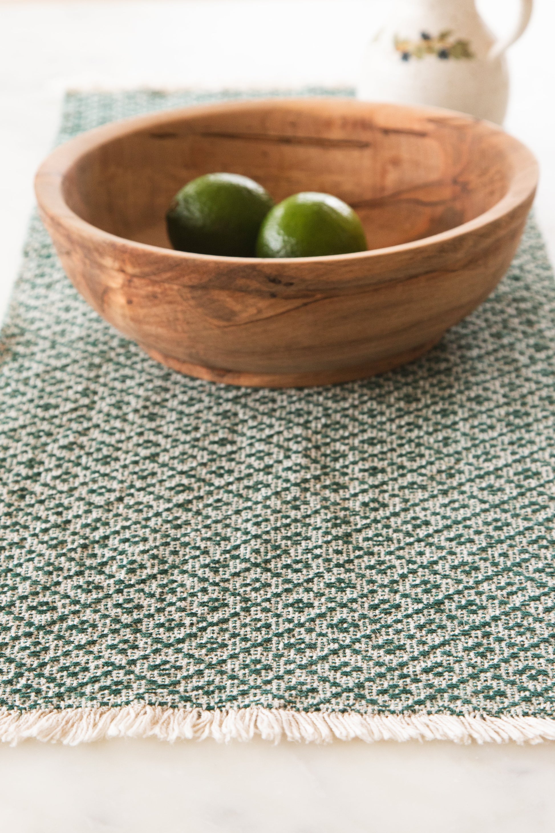 Ivory & Hunter Green Table Runner in Linen & Cotton