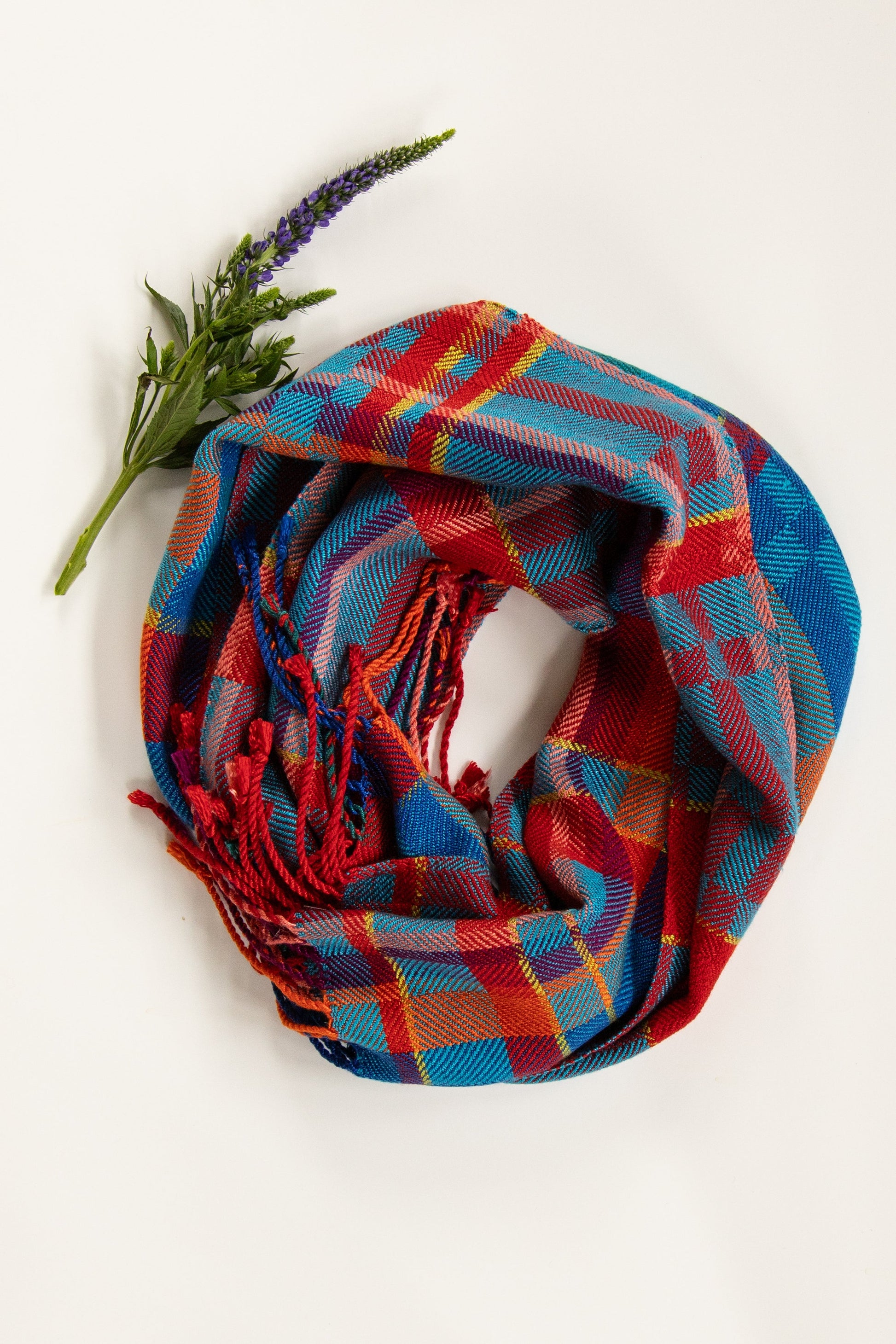 Soft Turned Twill Scarf in Red & Shades of Blue