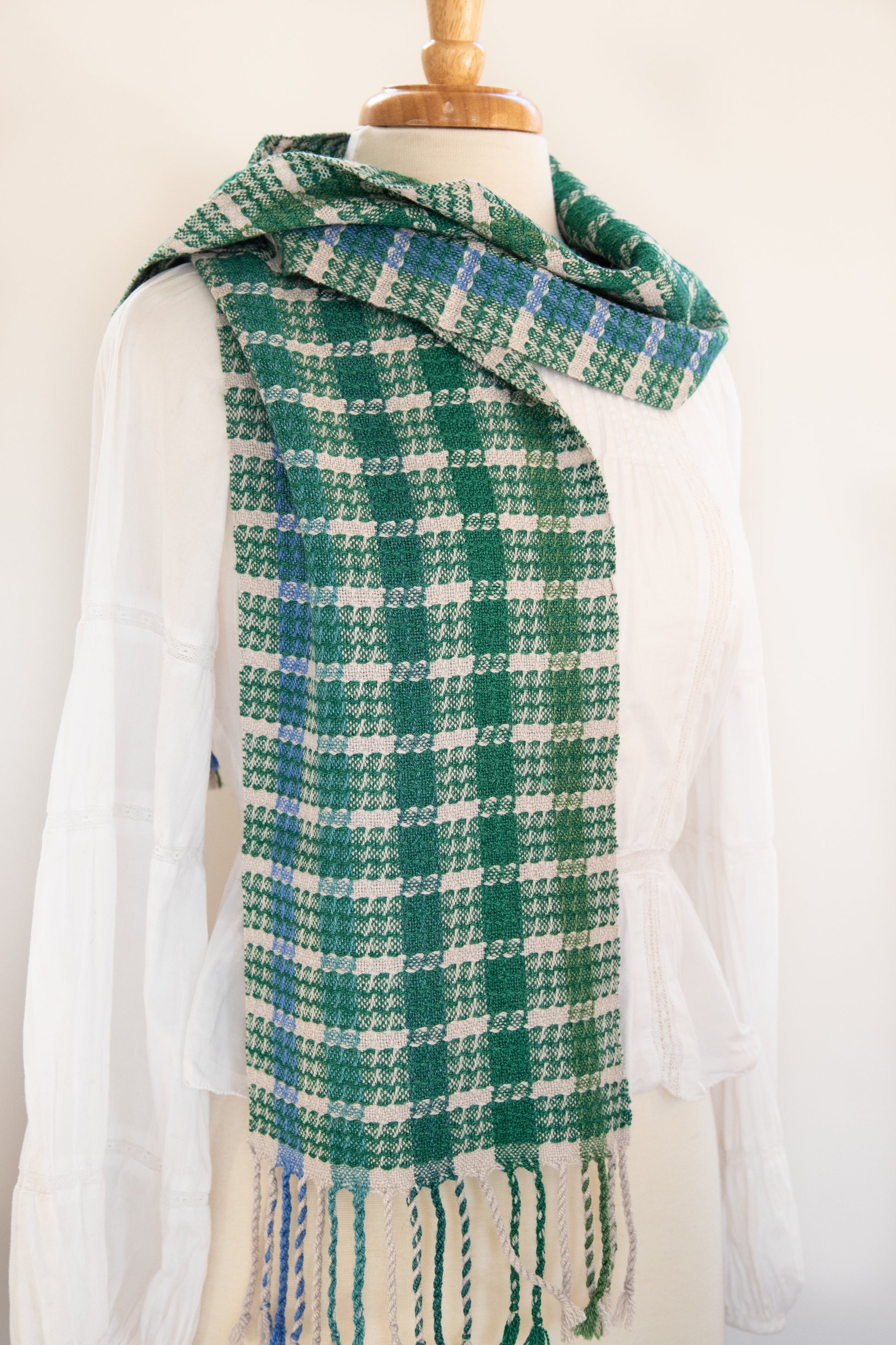 Soft Wool Scarf in Shades of Green with Blue Highlights