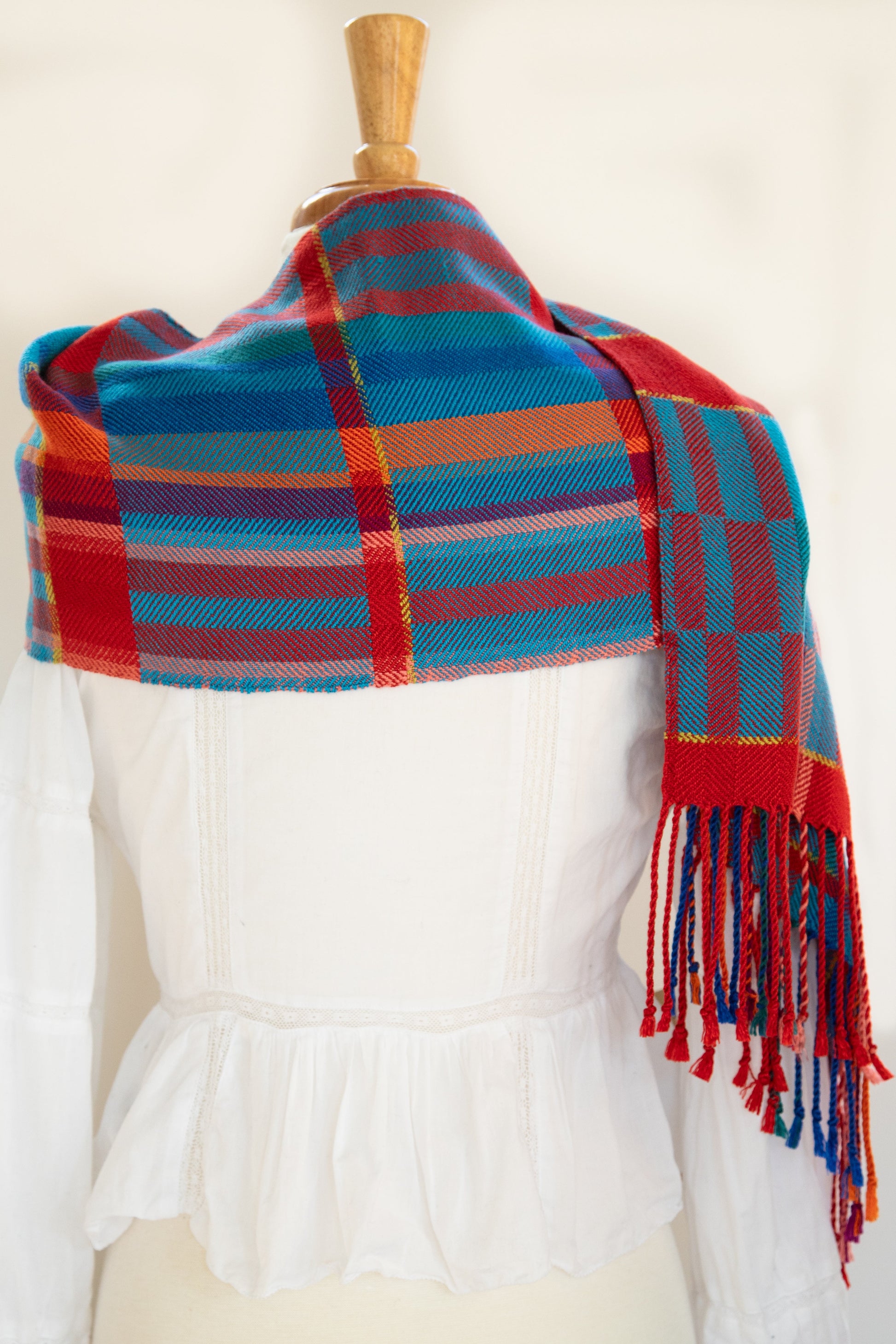 Soft Turned Twill Scarf in Red & Shades of Blue
