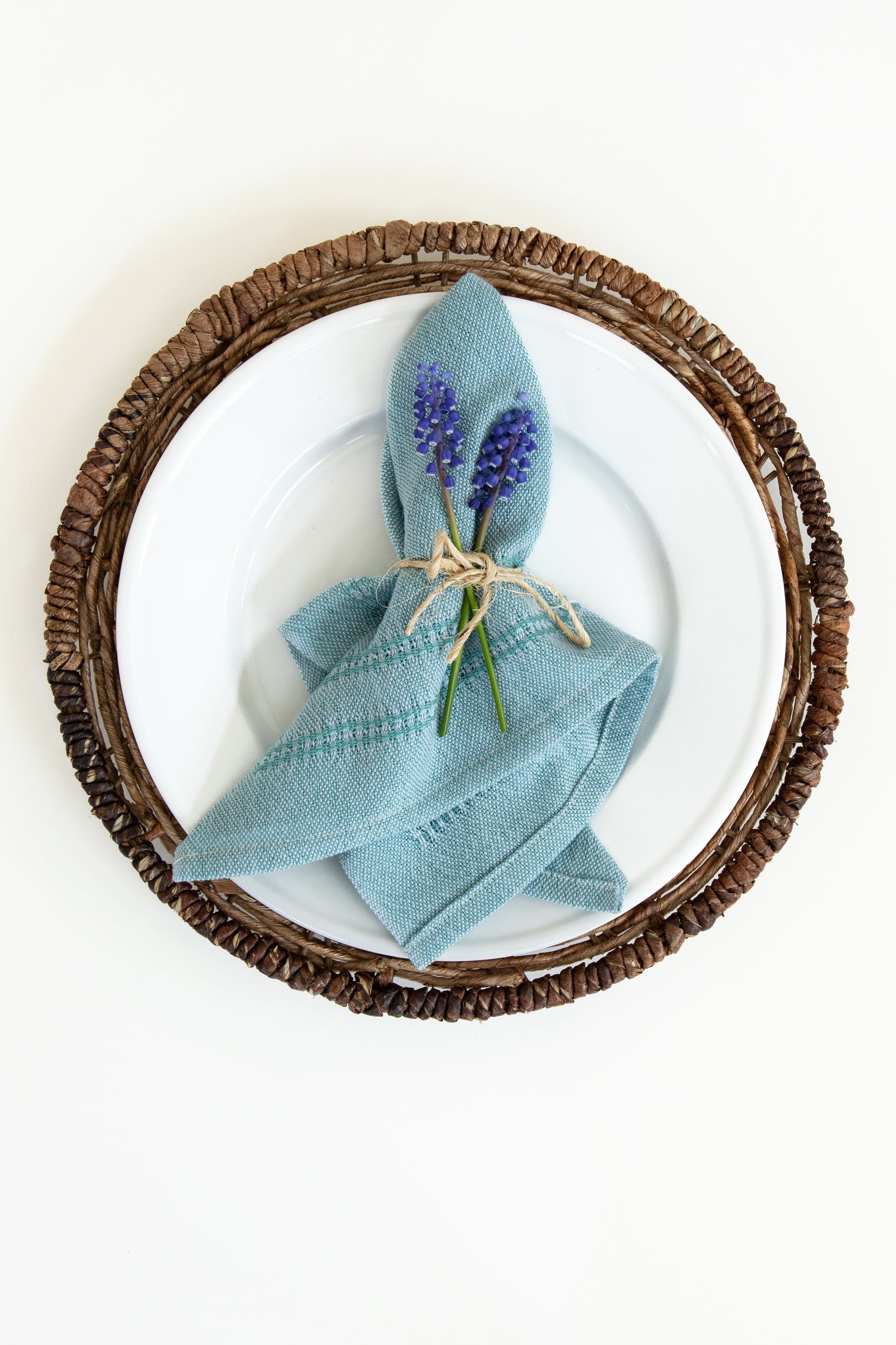 Set of (4) Pale Teal & White Napkins with Bronson Lace