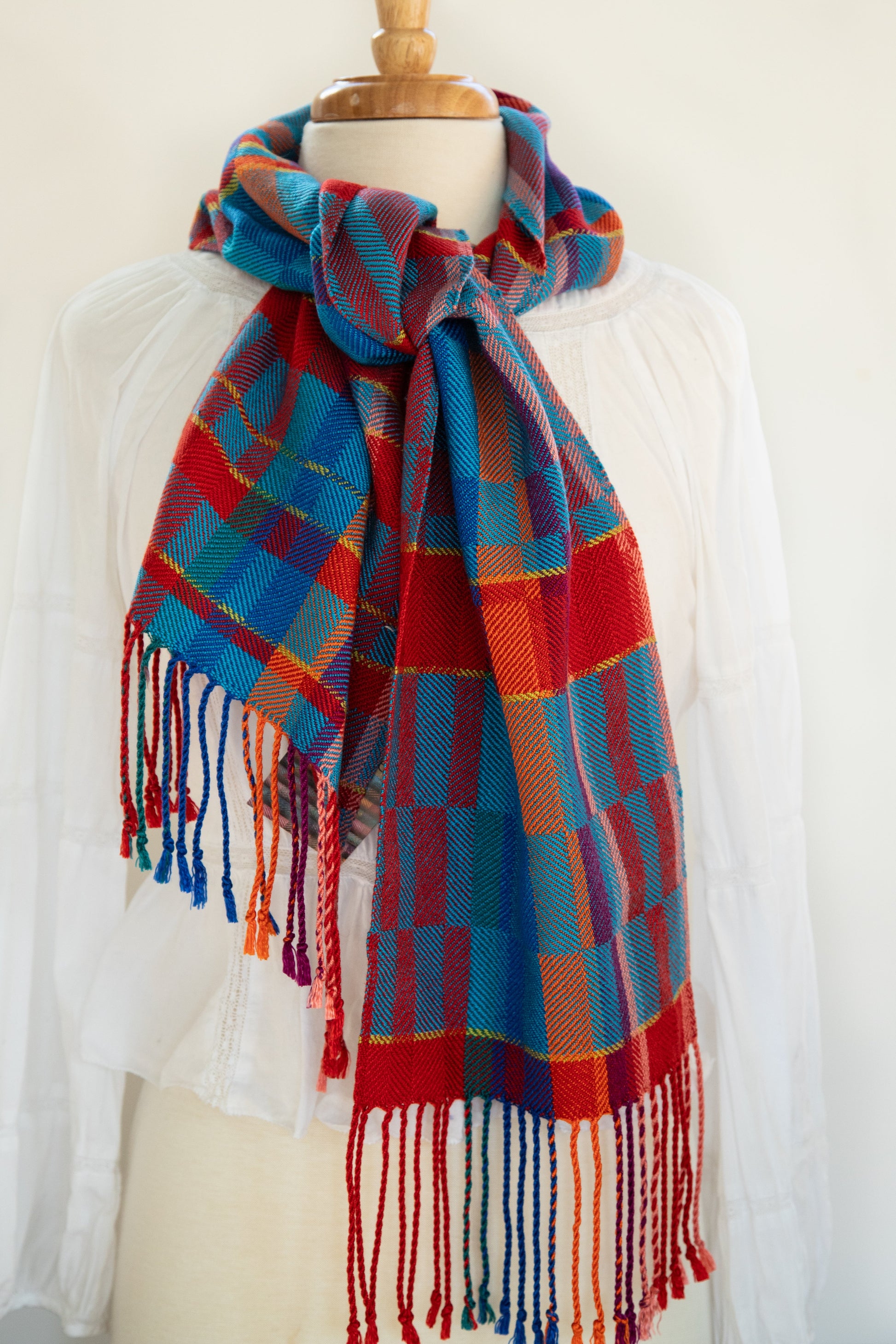 Soft Turned Twill Scarf in Red & Shades of Blue