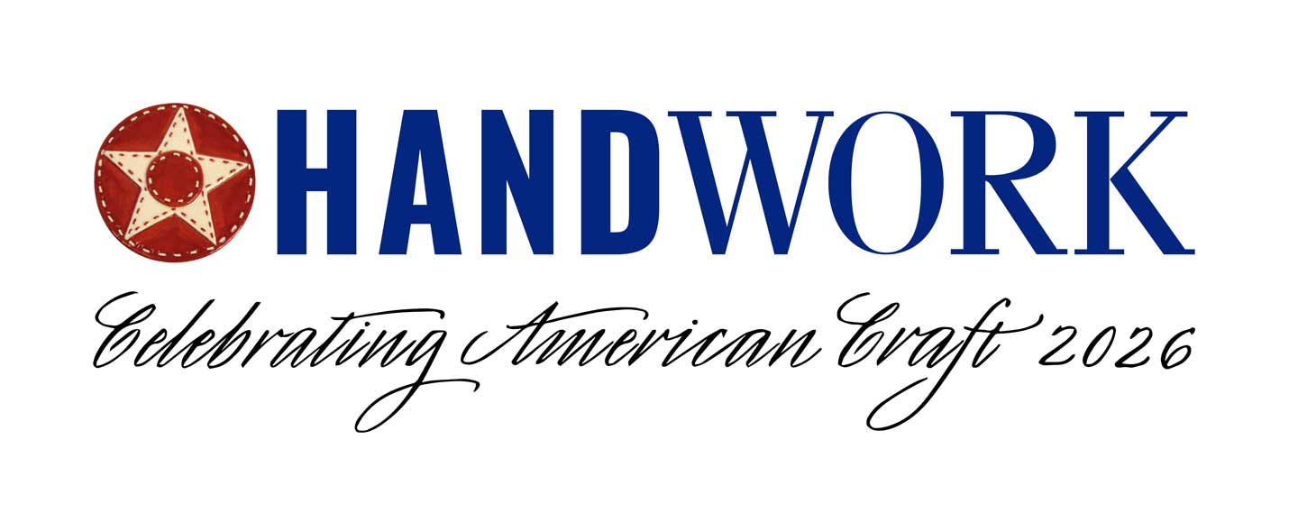 A logo-style graphic on a white background with a red circular star emblem, the word HANDWORK in large blue letters, and the phrase Celebrating American Craft 2026 in dark script below.